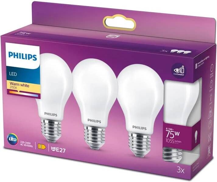 Philips energiezuinige LED Lamp Mat 75 W E27 warmwit licht 3 stuks Bespaar op energiekosten