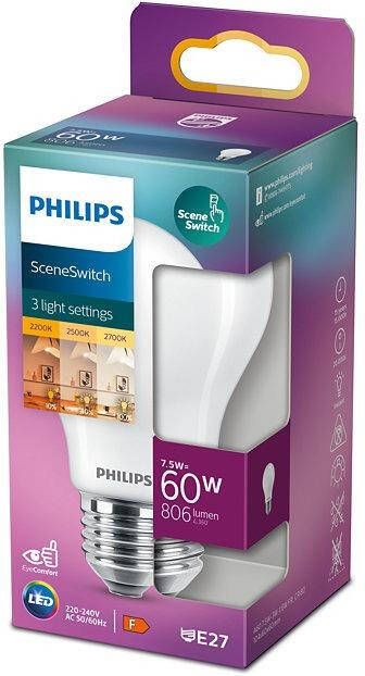 Philips LED Lamp SceneSwitch 827 A60 E27 Fitting Dimbaar 1.6W-7.5W Warm Wit 2200K-2700K Vervangt 16W-60W
