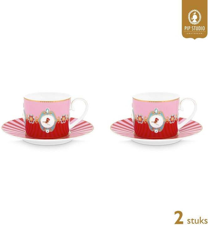 Pip Studio Kop en Schotel Love Birds Medallion Rood Set van 2