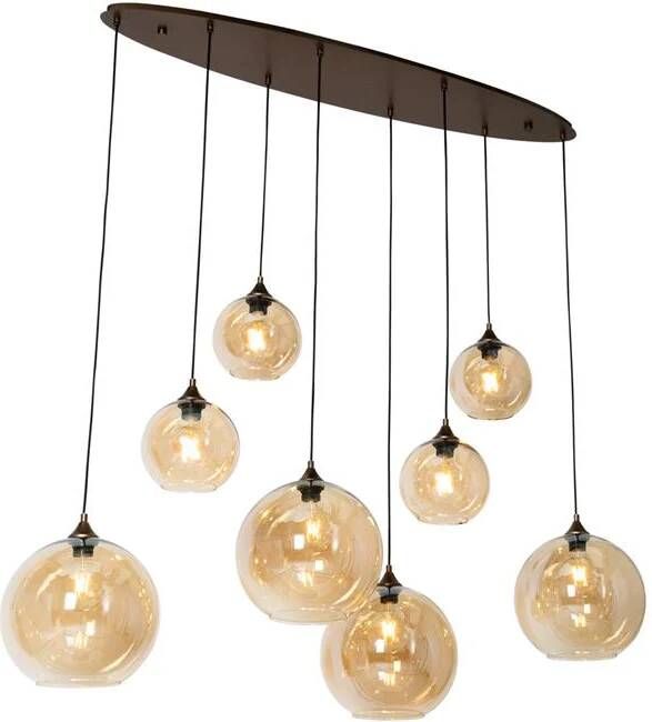 QAZQA Art Deco Hanglamp Donkerbrons Met Amber Glas Ovaal 8-lichts Sandra