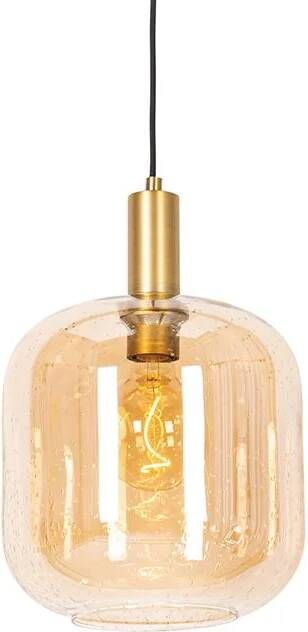 QAZQA Design Hanglamp Zwart Met Messing En Amber Glas Zuzanna