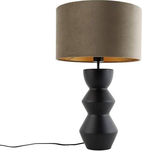 QAZQA Design Tafellamp Zwart 16 Cm Velours Kap Taupe Met Goud 35 Cm Alisia