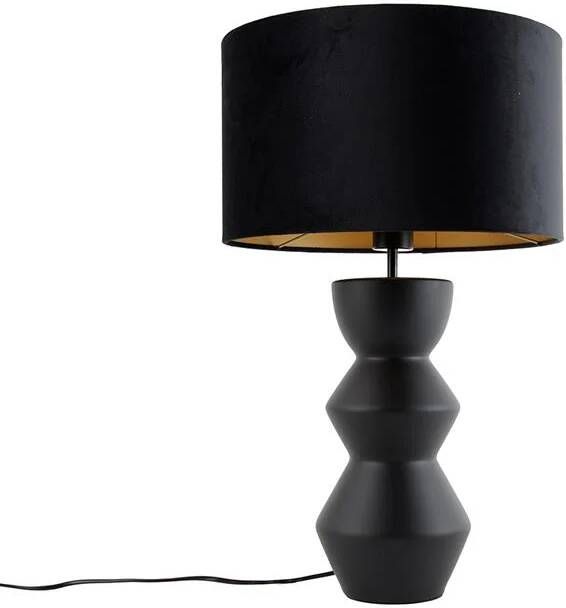 QAZQA Design Tafellamp Zwart 16 Cm Velours Kap Zwart Met Goud 35 Cm Alisia