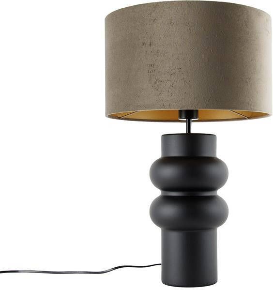 QAZQA Design Tafellamp Zwart 17 Cm Velours Kap Taupe Met Goud 35 Cm Alisia