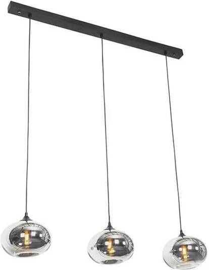 QAZQA Art Deco Hanglamp Zwart Met Glas Smoke Langwerpig 3-lichts Busa