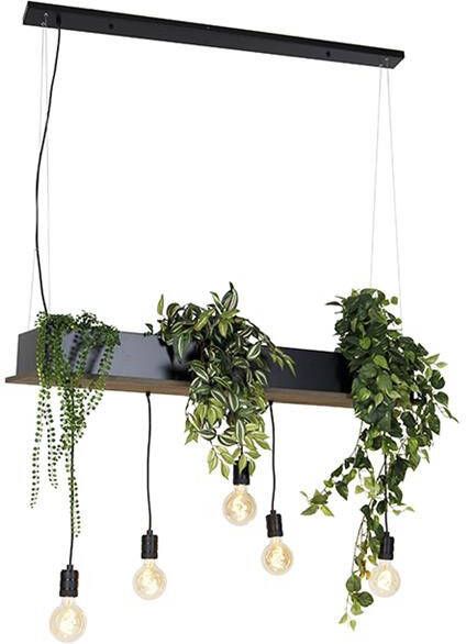 QAZQA Landelijke Hanglamp Zwart Met Hout 5-lichts Flair