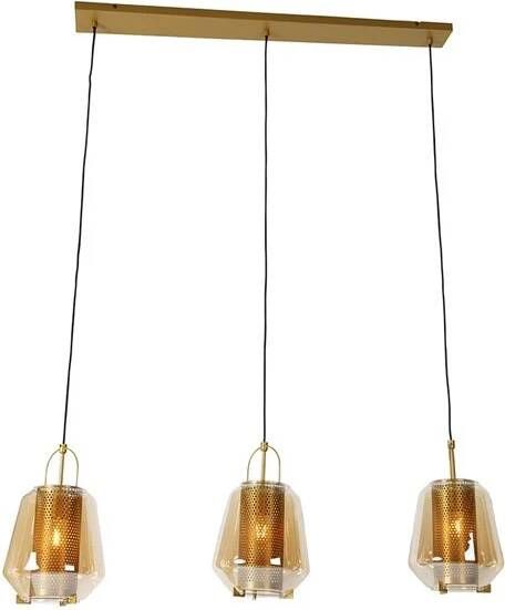 QAZQA Hanglamp goud met amber glas 23 cm langwerpig 3-lichts Kevin