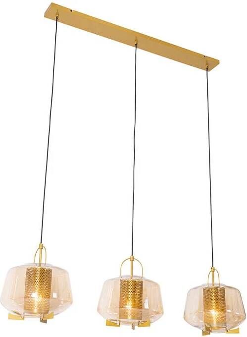 QAZQA Hanglamp goud met amber glas 30 cm langwerpig 3-lichts Kevin