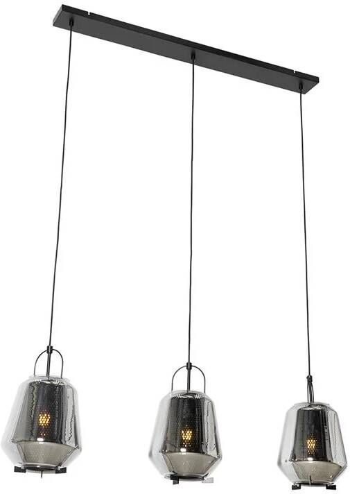 QAZQA Hanglamp Zwart Met Smoke Glas 23 Cm Langwerpig 3-lichts Kevin