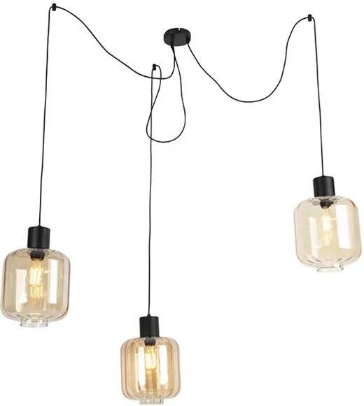 QAZQA Design hanglamp zwart met amber glas 3-lichts 226 cm Qara