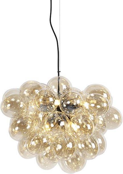 QAZQA Art Deco Hanglamp Zwart Met Amber Glas 8-lichts Uvas