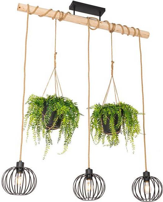 QAZQA Landelijke hanglamp zwart met hout 3-lichts Yura