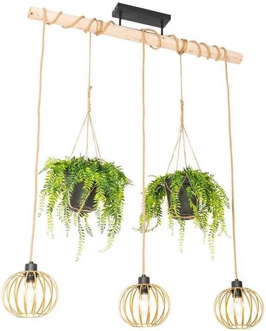 QAZQA Landelijke hanglamp goud met hout 3-lichts Yura