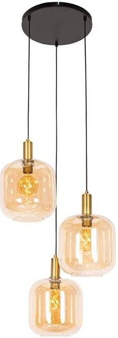 QAZQA Design Hanglamp Zwart Met Messing En Amber Glas 3-lichts Zuzanna