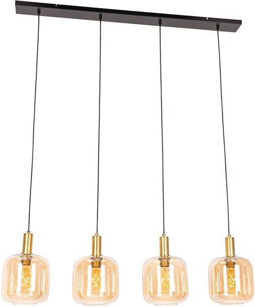 QAZQA Design hanglamp zwart met messing en amber glas 4-lichts