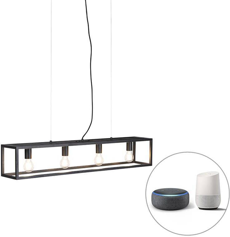 QAZQA cage Industriele LED Dimbare Smart Hanglamp eettafel incl. wifi met Dimmer voor boven de eettafel | in eetkamer 4 lichts L 100 cm Zwart Industrieel Woonkamer