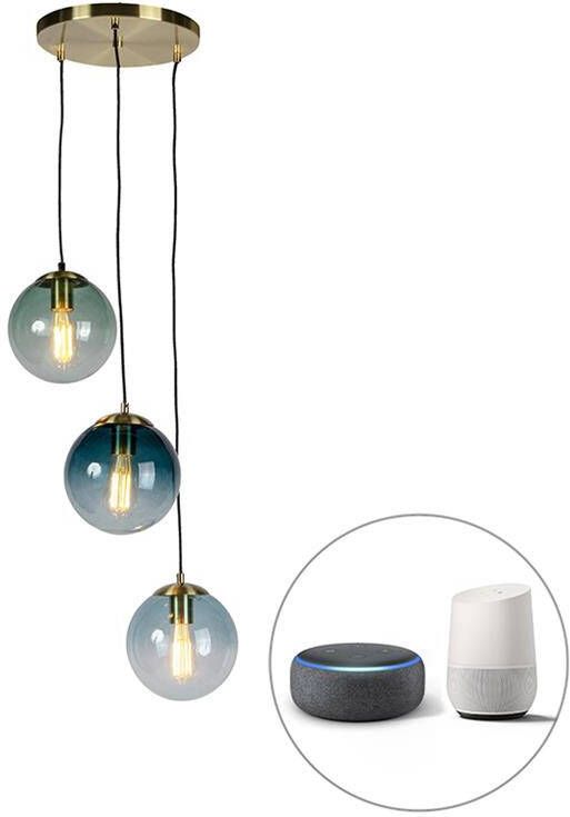 QAZQA Smart hanglamp messing incl. 3 WiFi ST64 met blauw glas