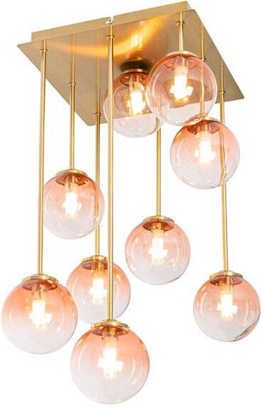 QAZQA Art Deco Plafondlamp Goud Met Roze Glas 9-lichts Athens