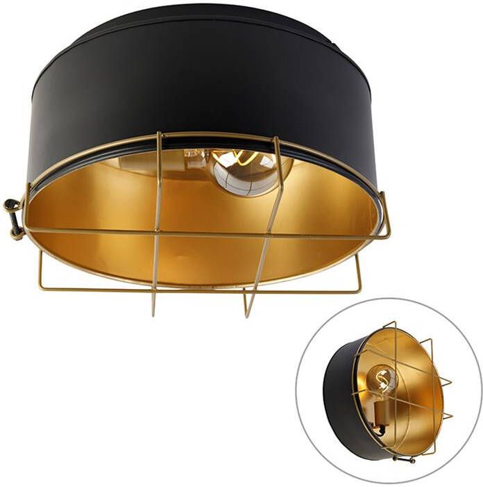 QAZQA Industriële Plafondlamp Zwart Met Goud 35 Cm Barril