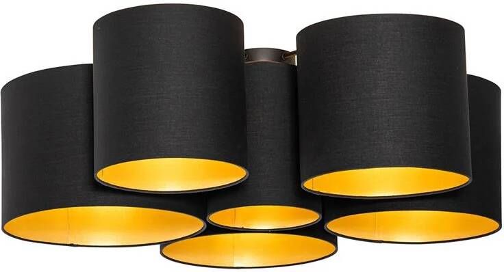 QAZQA Plafondlamp Zwart Met Gouden Binnenkant 6-lichts Multidrum