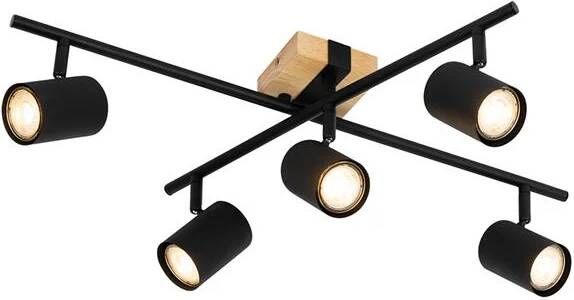 QAZQA Plafondlamp Zwart Met Hout 5-lichts Verstelbaar Rechthoekig Jeana