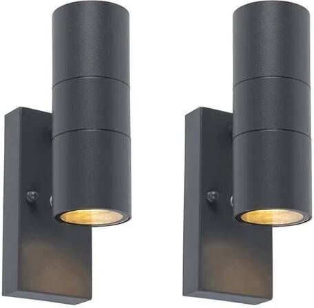 QAZQA Set Van 2 Buiten Wandlamp Donkergrijs 2-lichts Schemersensor Duo