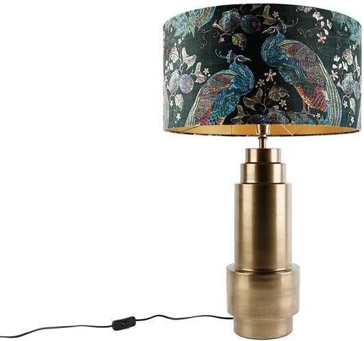 QAZQA Tafellamp brons velours kap pauw groen met goud 50 cm Bruut