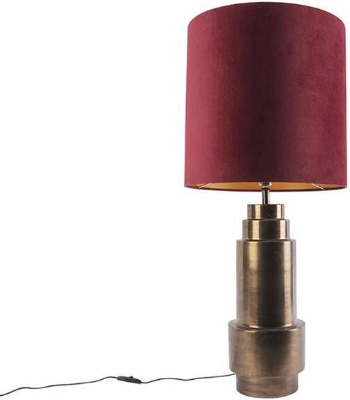 QAZQA Art Deco Tafellamp Brons Velours Kap Rood Met Goud 40 Cm Bruut