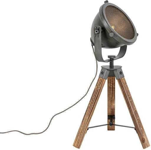 QAZQA Industriële tafellamp tripod staal met hout kantelbaar Emado