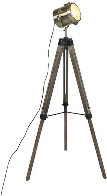 QAZQA Industriële vloerlamp tripod hout met studiospot Braha