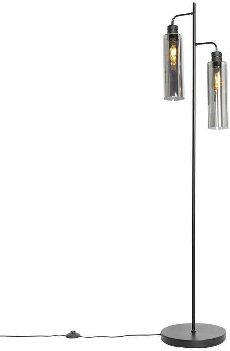 QAZQA Moderne Vloerlamp Zwart Met Smoke Glas 2-lichts Stavelot