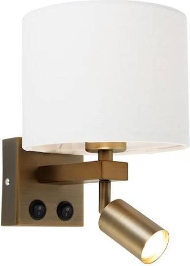 QAZQA Wandlamp Brons Met Leeslamp En Katoenen Kap 18 Cm Wit Brescia