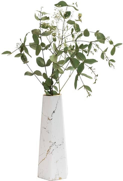 QUVIO Zeshoekige vaas keramiek Wit met goud marble look L