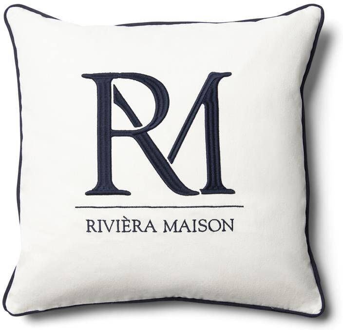 Rivièra Maison Riviera Maison Kussenhoes wit met blauw tekst 50x50 RM Monogram