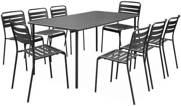 Sweeek Tuintafel in antraciet metaal + 8 stoelen roestvrij behandeld latten en afgeronde hoeken