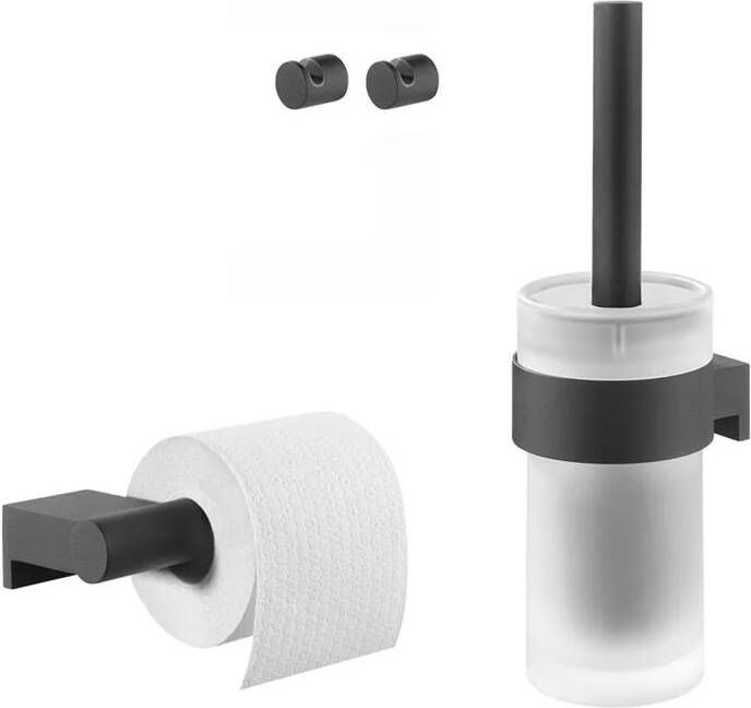 Tiger Bold Toiletaccessoireset Toiletborstel met Houder Toiletrolhouder zonder Klep Handdoekhaken (2 stuks) Zwart