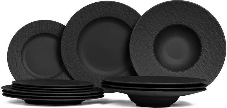 Villeroy & Boch Serviesset Manufacture Rock Zwart 12-delig 4 personen 4 dinerborden 4 ontbijtborden & 4 pastaborden