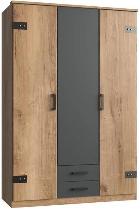 Woonexpress Kledingkast Stratum Houtlook Naturel 135 x 199 x 58 cm (BxHxD) 2 lades en 3 deuren Zwart naturel kleur Draaideurkast - Foto 4