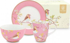 PiP Studio cadeau ontbijtset early bird roze (ontbijtbord ontbijtkom en mok) in cadeauverpakking