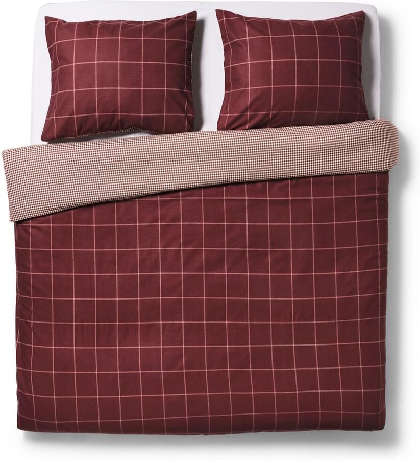 HEMA Dekbedovertrek 200x200 220cm flanel ruiten bordeaux (donkerrood)