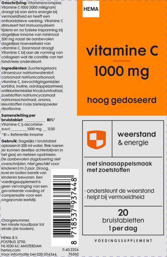 HEMA Vitamine C 1000mg Hoog Gedoseerd Bruistablet 20 Stuks