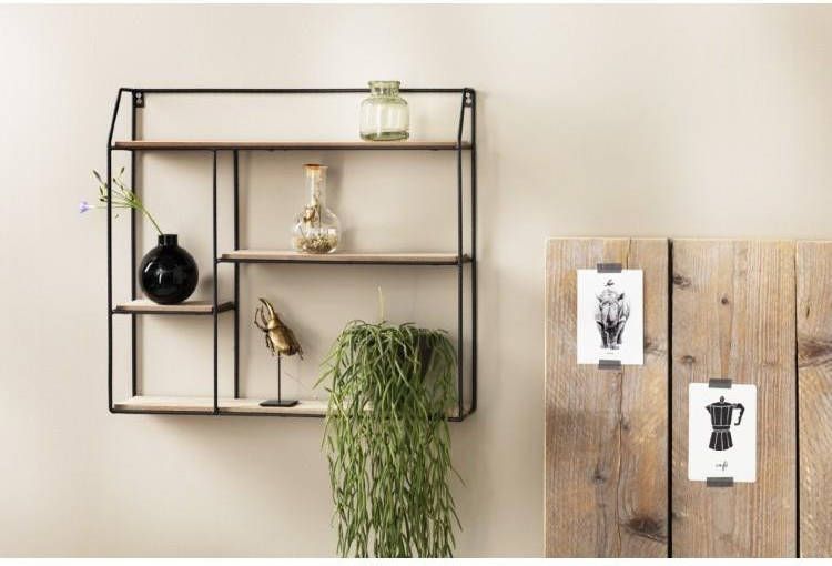 Lifa Living Vintage Wandrek, Zwarte Wandplank, Metaal en Houten Rekken