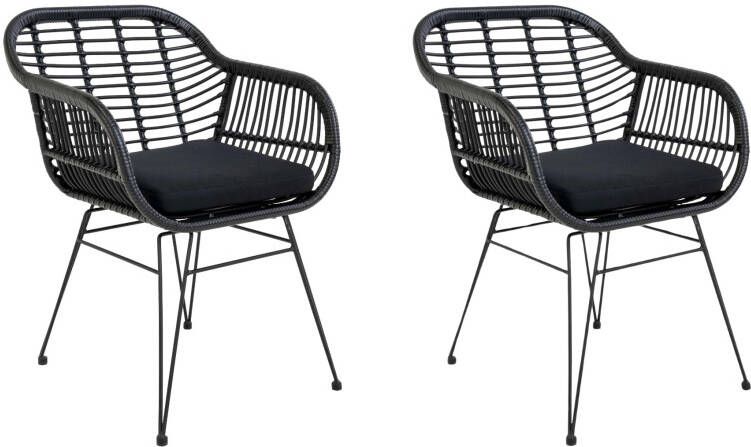 QUVIO Fauteuil tuinstoel Jade Met kussen Staal PE rattan Zwart Set van 2