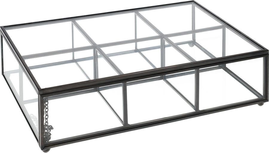 QUVIO Theedoos 6 Vakjes Theekist Theebox Theedozen Glas Metaal Zwart 16 x 23 x 6 cm - Foto 2