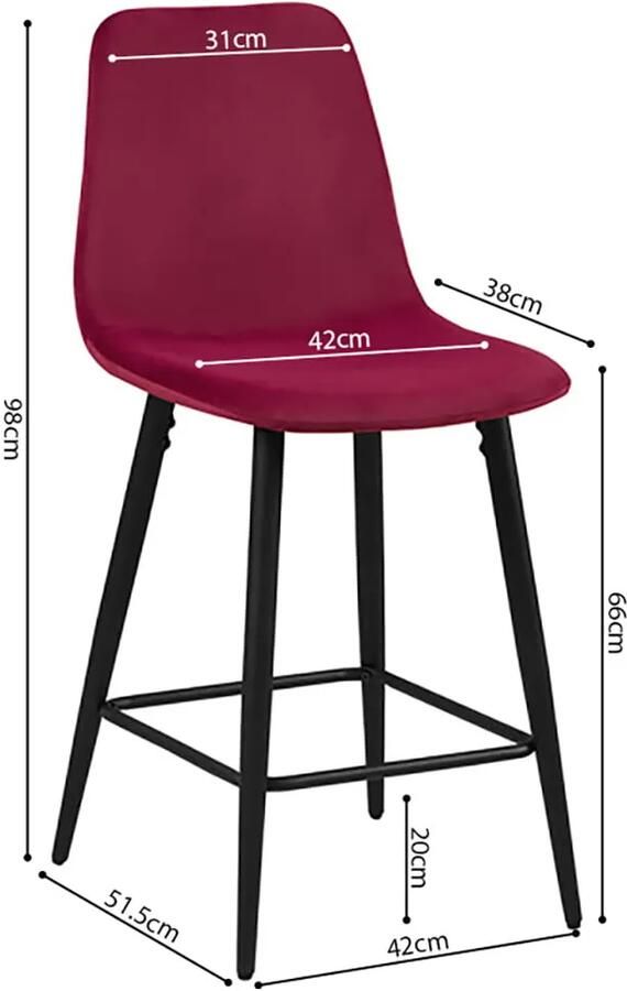 Barkruk Aylin Bordeaux Velours Set van 4 Geschikt voor kookeiland Met rugleuning Zithoogte 66 cm Zitdiepte 38 cm