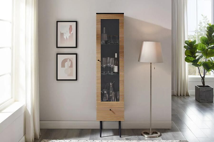 Buffetkast Ruben Eiken MDF Breedte 40 cm Hoogte 179 cm Diepte 43 cm Met lades Met planken Met openslaande deuren