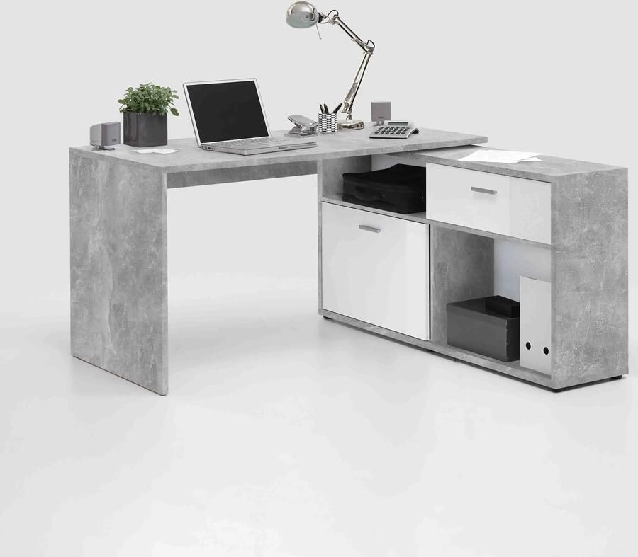Bureau Colorado Beton Wit 138x138cm Hoekbureau Met opbergruimte Hoogte 75 cm Met lades