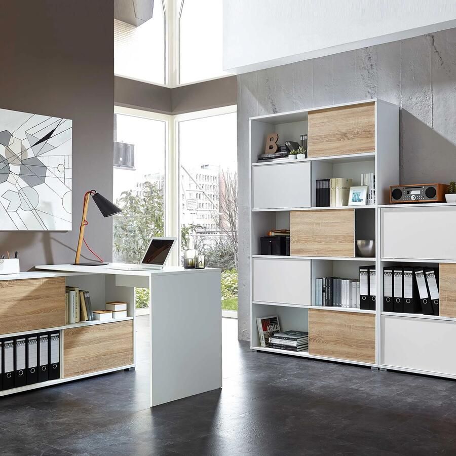 Bureau Mission Eiken Wit 120x120cm Hoekbureau Met opbergruimte Hoogte 76 cm