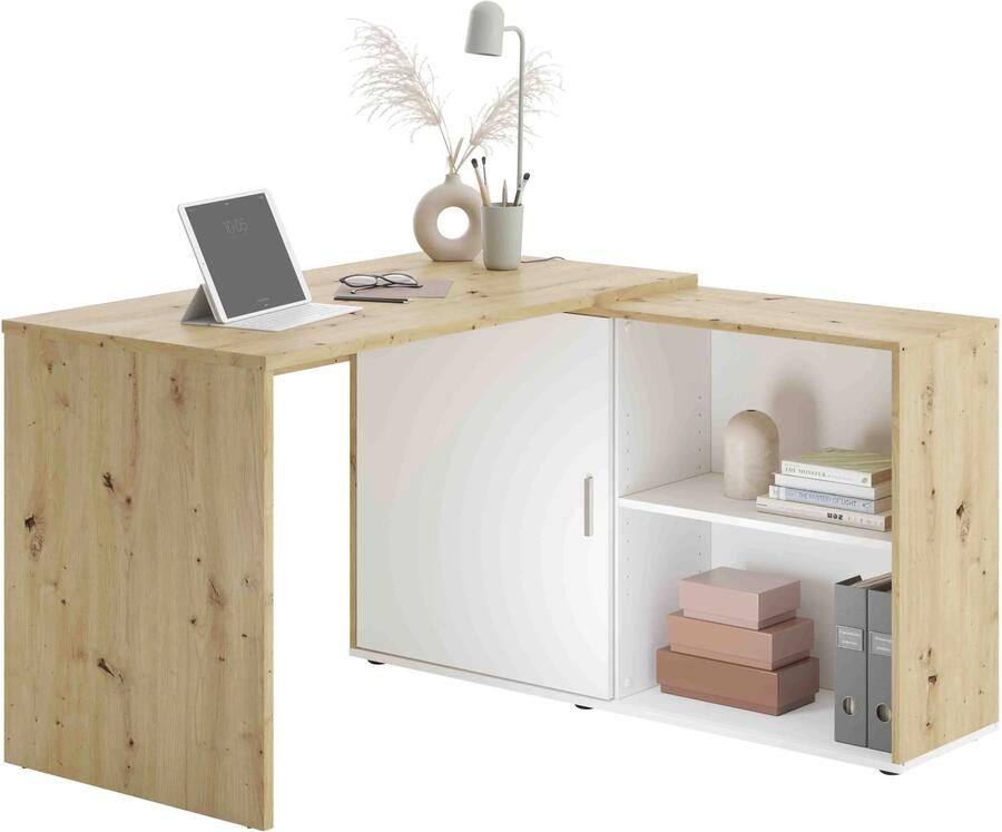 Bureau Rafaël Eiken-Wit Eiken Wit 118x124 5cm Hoekbureau Met opbergruimte Hoogte 75 cm