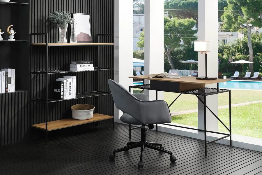 Stellingkast Lourdes Zwart MDF Breedte 110 cm Hoogte 129 cm Diepte 34 cm Met planken Zonder deuren